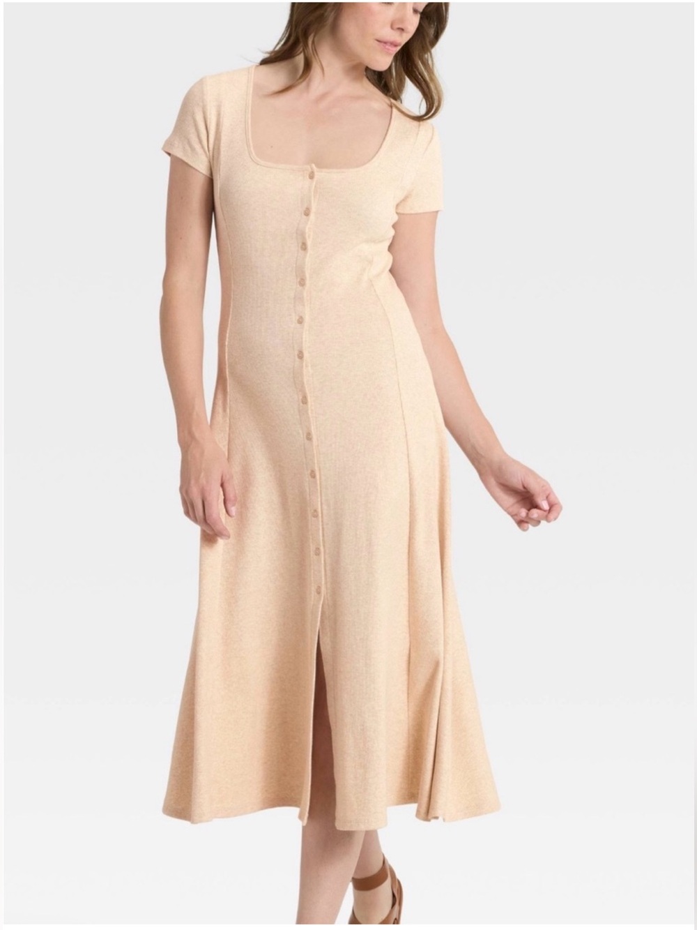 UNIVERSAL THREAD Heather Oatmeal Button-Front Ribbed Midi Dress
